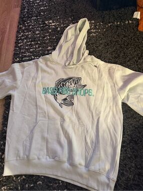 Bass Pro Shops Light Gray Hoodie with Teal Logo and Bass Graphic